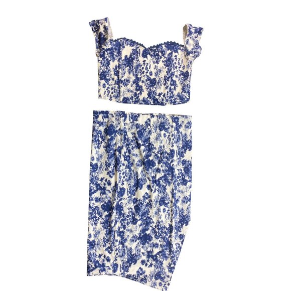 Fashion Nova XL Blue & White Floral Print Two-Piece Skirt Set SEXY Stretch Pinup - Picture 1 of 7